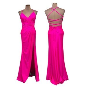 NWT La Femme Formal Maxi Dress Size 0 Neon Hot Pink Knotted Corset Back Gown